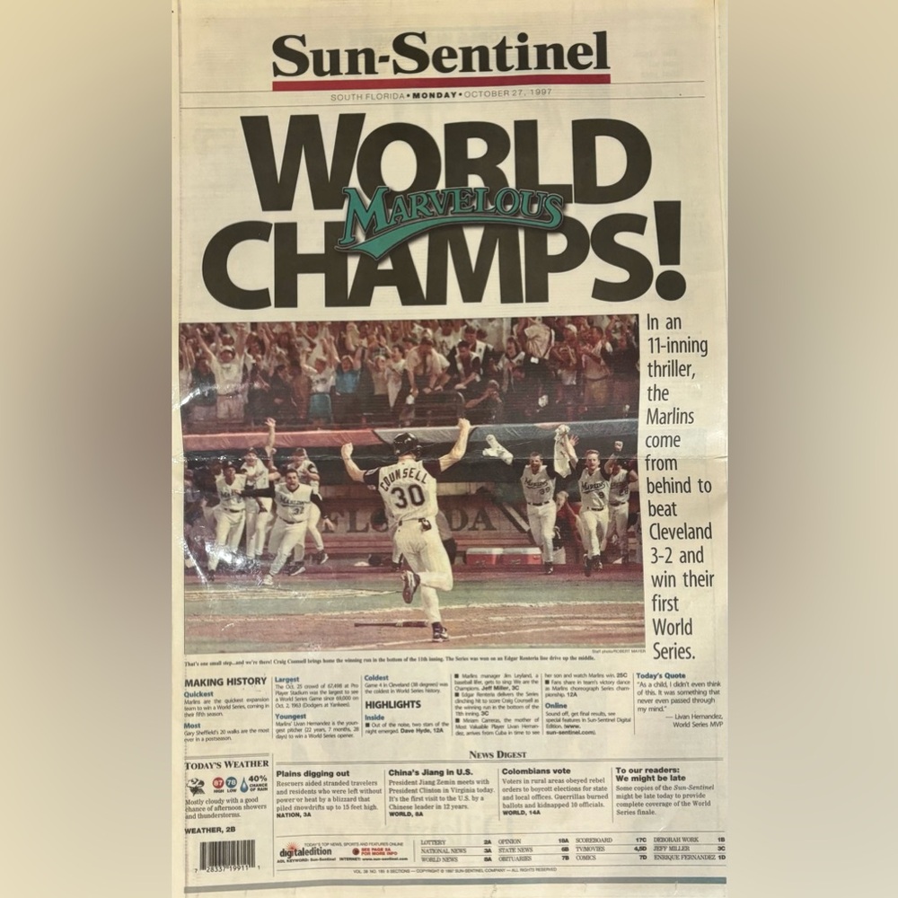 Sun Sentinel October 27,1997 front cover Florida marlins World Series champions